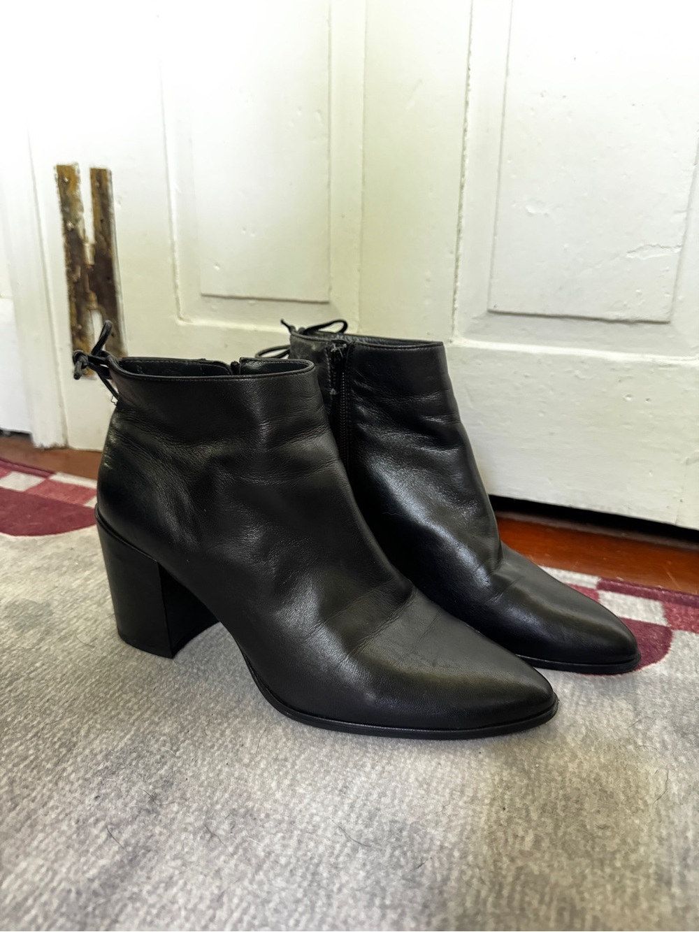 Stuart Weitzman Stuart 75 Pointed Toe Block Heel Bootie Black Leather 8.5